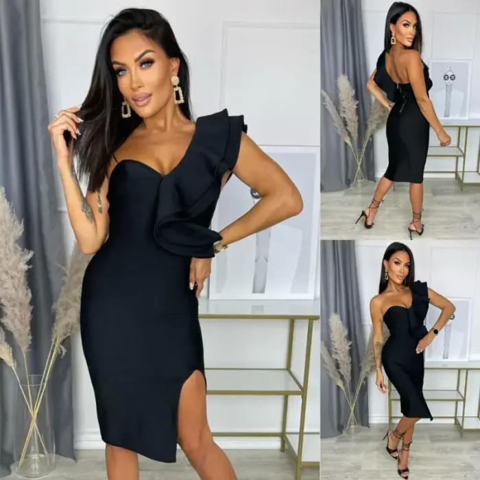 Mulher elegante com Vestido Preto Midi Bandage Viviane